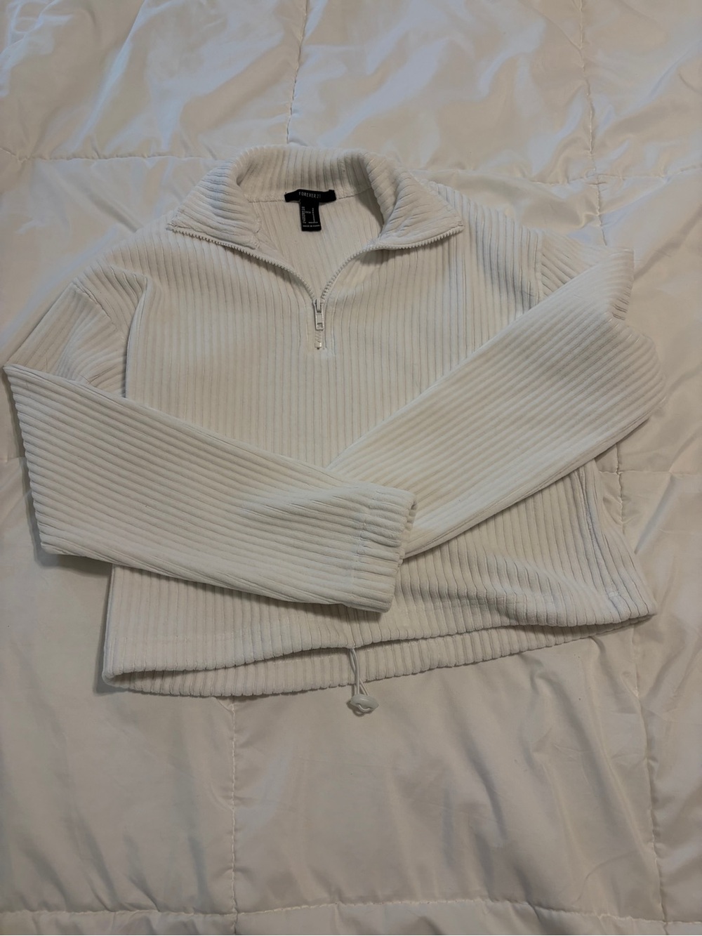 Forever 21 White Ribbed Half-Zip Sweater